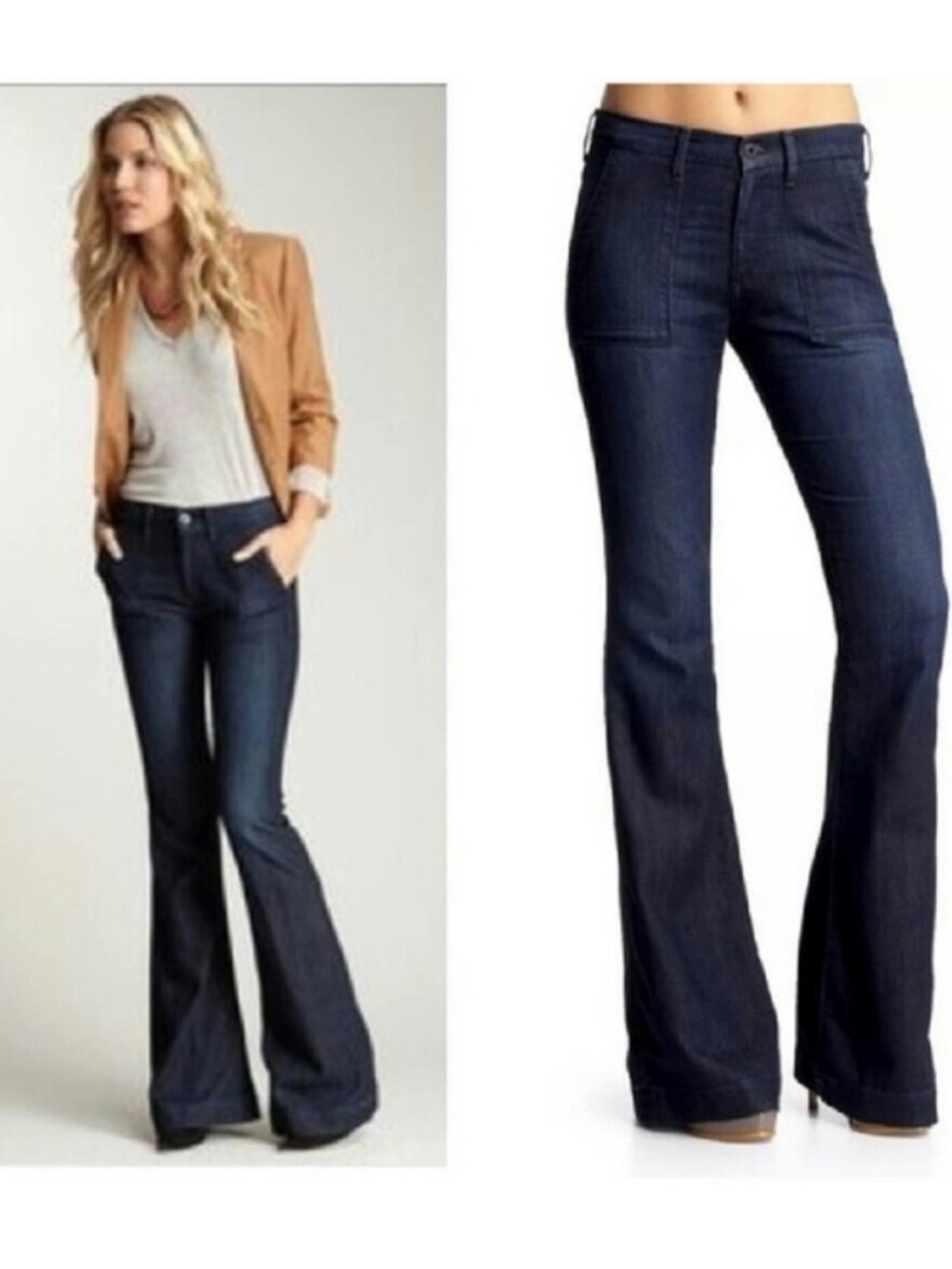 AG Adriano Goldschmied Goldie Patch Pocket Bell Bottom Dark Indigo Jeans 27 R